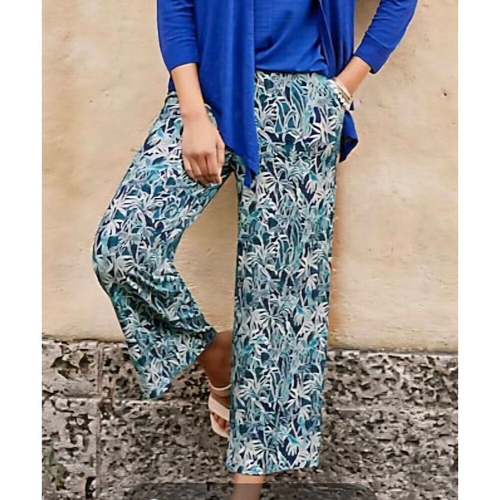 J Jill Wearever Womens Wide Leg Blue Tropical Knit Crop Pants Large